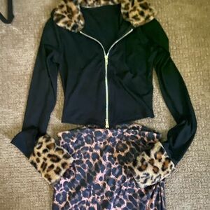 Leopard Print Black Jacket with Faux Fur Trim